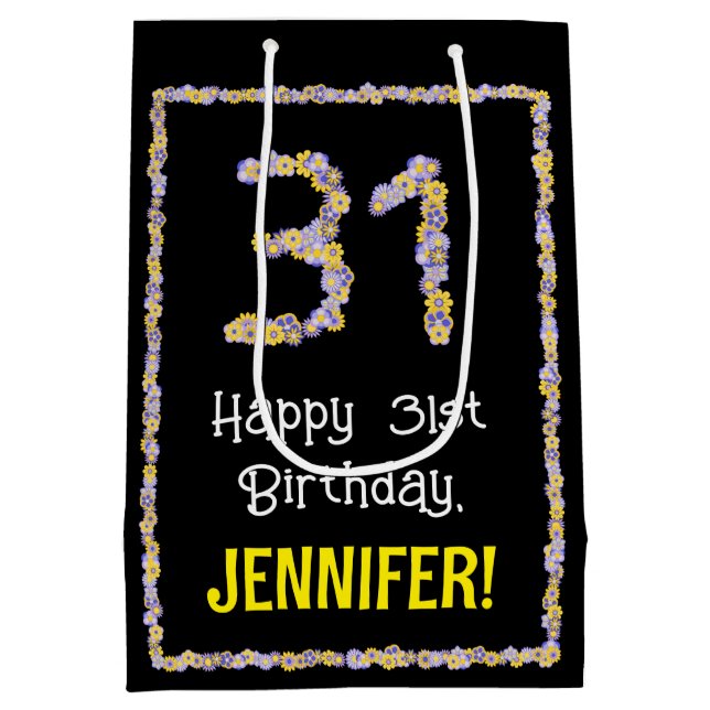 31st Birthday: Floral Flowers Number, Custom Name Medium Gift Bag (Back)