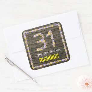 31st Birthday: Floral Number, Faux Wood Look, Name Square Sticker