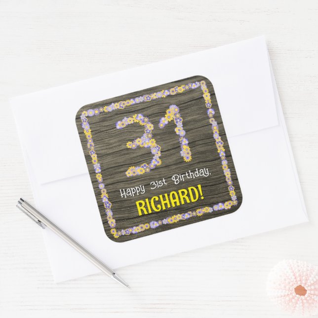 31st Birthday: Floral Number, Faux Wood Look, Name Square Sticker (Envelope)
