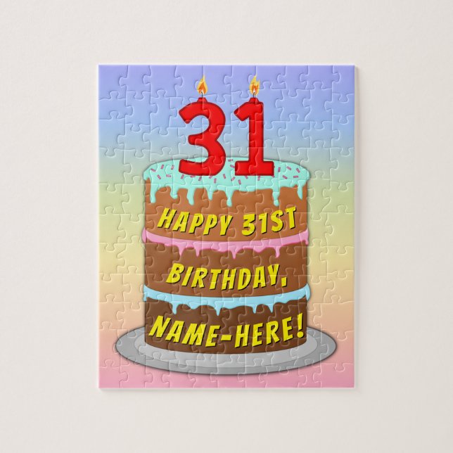 31st Birthday: Fun Cake and Candles + Custom Name Jigsaw Puzzle (Vertical)