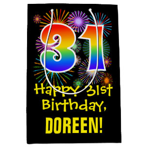 31st Birthday: Fun Fireworks Pattern + Rainbow 31 Medium Gift Bag