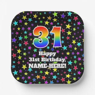 31st Birthday: Fun Stars Pattern and Rainbow “31” Paper Plate