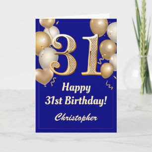 31st Birthday Navy Blue and Gold Balloons Confetti Card