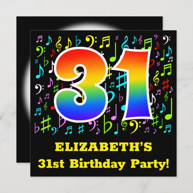 31st Birthday Party: Fun Music Symbols, Rainbow 31 Invitation (Front/Back)