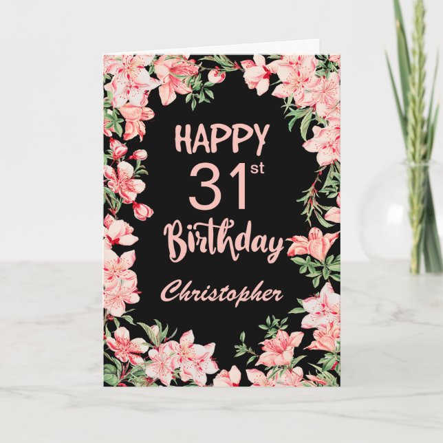 31st Birthday Pink Peach Watercolor Floral Black Card (Front)