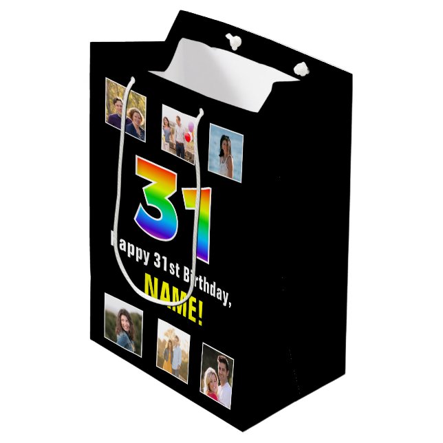 31st Birthday: Rainbow “31“, Custom Photos & Name Medium Gift Bag (Front Angled)