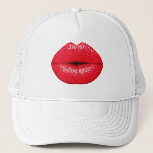 327493 RED SMOOCH LIPS KISS MAKEUP BEAUTY LOVE FAS TRUCKER HAT (Front)