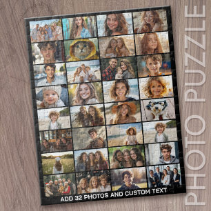 32 Photo Collage - Custom Text - Black Jigsaw Puzzle