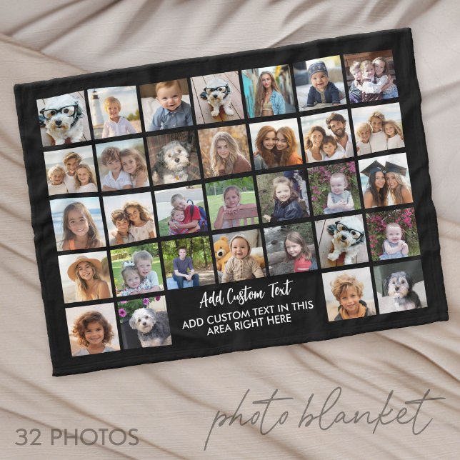 32 Photo Collage Grid - Text box - black white Fleece Blanket (Photo Blanket - Custom Pictures in a Collage)