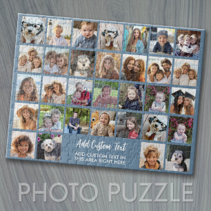 32 Photo Collage Grid - Text box - blue white Jigsaw Puzzle