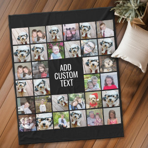 32 Photo Collage Modern Square Black - White Text Fleece Blanket