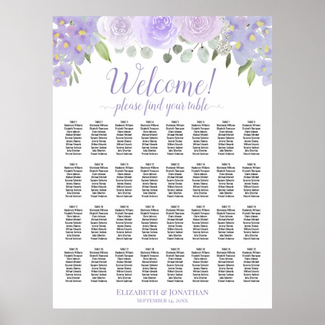 32 Table Light Purple Floral Wedding Seating Chart (Front)