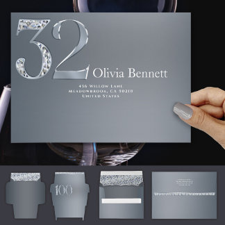 32nd Anniversary Diamond Number Thirty Two Silver  Envelope