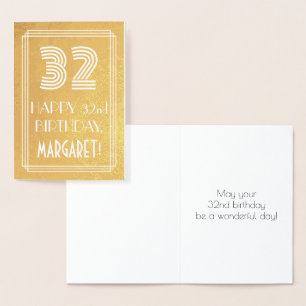 32nd Birthday – Art Deco Inspired Look "32" + Name Foil Card