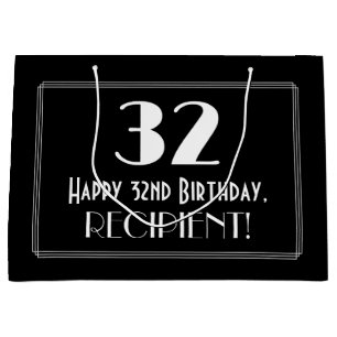 32nd Birthday: Art Deco Inspired Style "32", Name Large Gift Bag