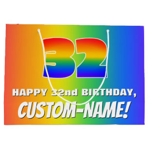32nd Birthday: Colourful, Fun Rainbow Pattern # 32 Large Gift Bag