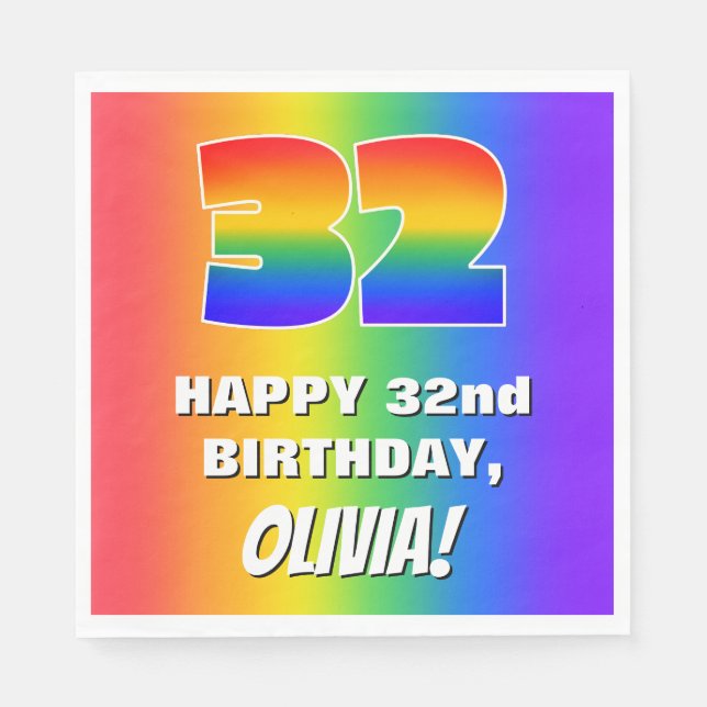 32nd Birthday: Colourful, Fun Rainbow Pattern # 32 Napkin (Front)