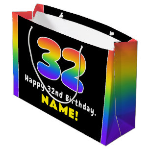 32nd Birthday: Colourful Rainbow # 32, Custom Name Large Gift Bag