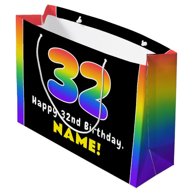 32nd Birthday: Colourful Rainbow # 32, Custom Name Large Gift Bag (Back Angled)