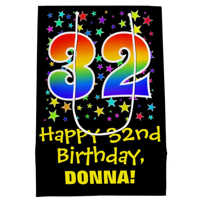 32nd Birthday: Colourful Stars Pattern & Rainbow 3 Medium Gift Bag (Back)