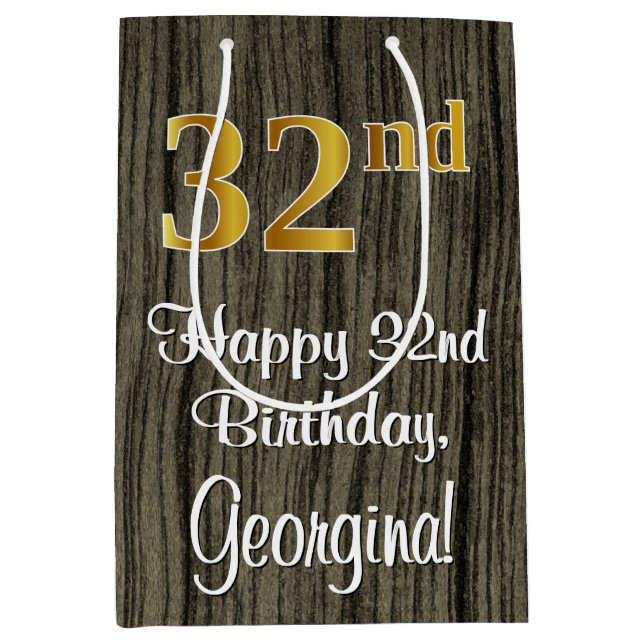 32nd Birthday: Elegant Faux Gold Look #, Faux Wood Medium Gift Bag (Front)