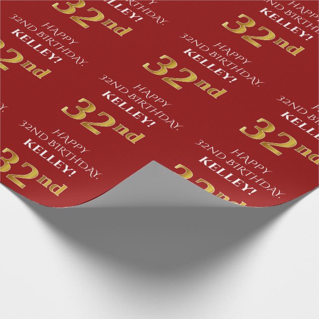 32nd Birthday: Elegant, Red, Faux Gold Look Wrapping Paper (Corner)