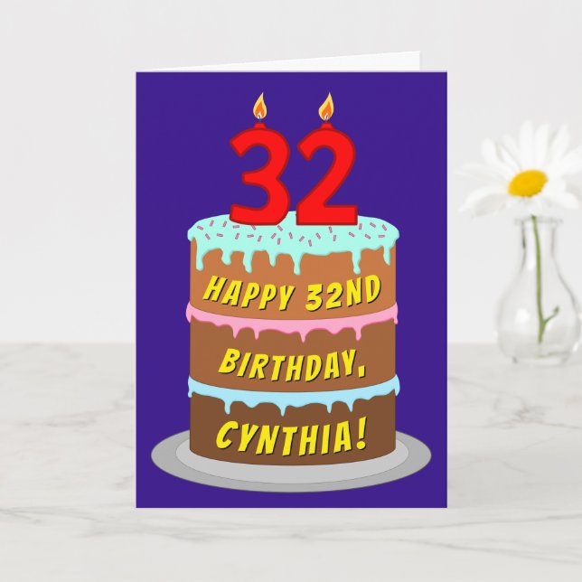 32nd Birthday: Fun Cake and Candles + Custom Name Card (Small Plant)