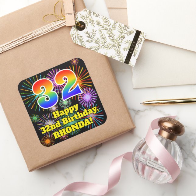 32nd Birthday: Fun Fireworks Look, Rainbow # 32 Square Sticker (Gifting)