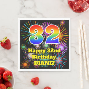 32nd Birthday: Fun Fireworks Pattern + Rainbow 32 Napkin