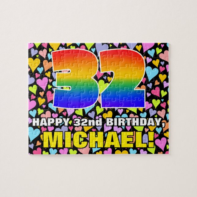 32nd Birthday — Fun, Loving Heart Shapes + “32” Jigsaw Puzzle (Horizontal)