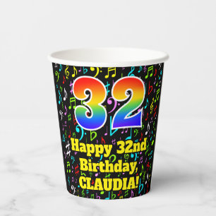 32nd Birthday: Fun Music Notes Pattern, Rainbow 32 Paper Cups