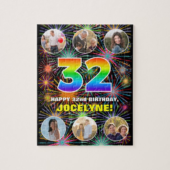 32nd Birthday: Fun Rainbow #, Custom Name + Photos Jigsaw Puzzle (Vertical)