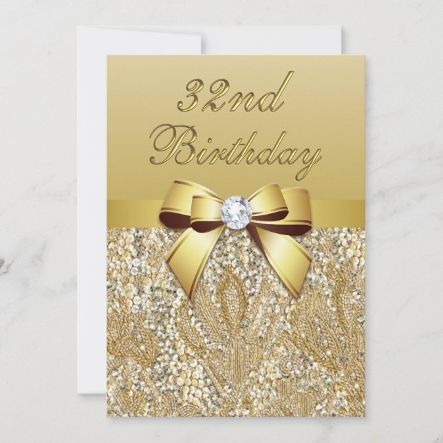 32nd Birthday Gold Faux Sequins and Bow Invitation (Front)