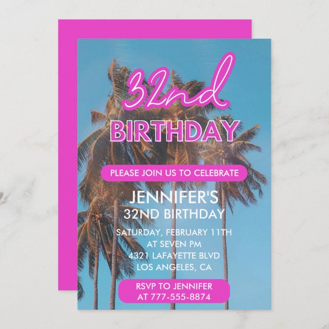 32nd birthday invitation Summer Pink Palm tree (Front/Back)