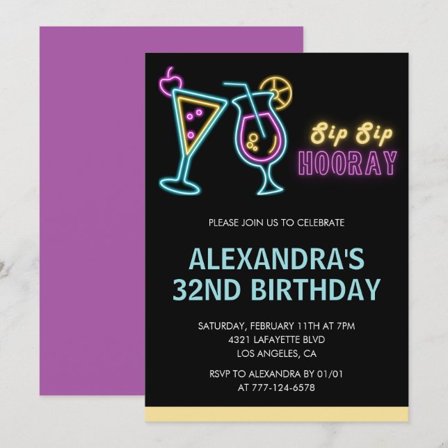 32nd birthday invitations Cocktail Neon Glow (Front/Back)