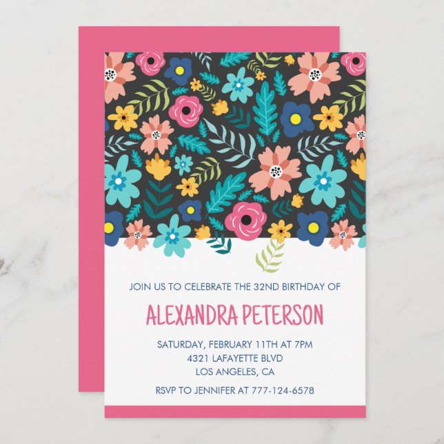 32nd birthday invitations Floral Pattern Pink (Front/Back)