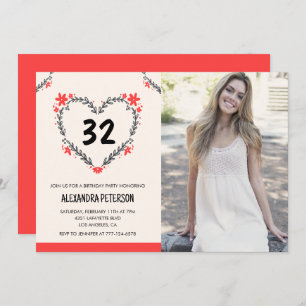 32nd birthday invitations for her Floral Heart