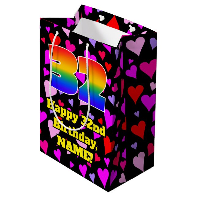 32nd Birthday: Loving Hearts Pattern, Rainbow # 32 Medium Gift Bag (Back Angled)