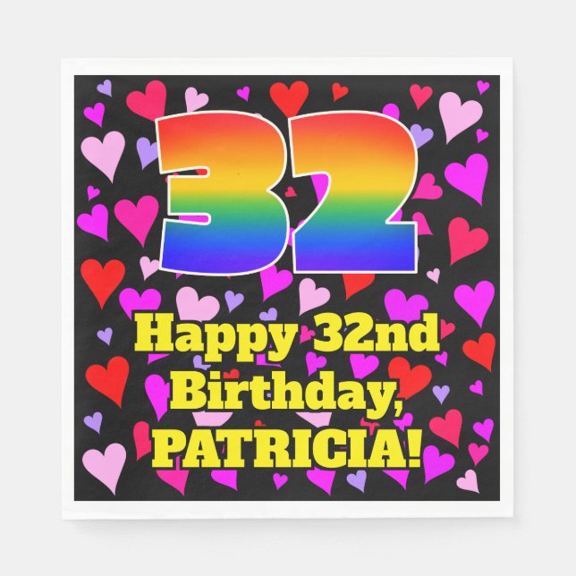 32nd Birthday: Loving Hearts Pattern, Rainbow # 32 Napkin (Front)