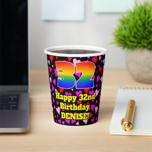 32nd Birthday: Loving Hearts Pattern, Rainbow 32 Paper Cups