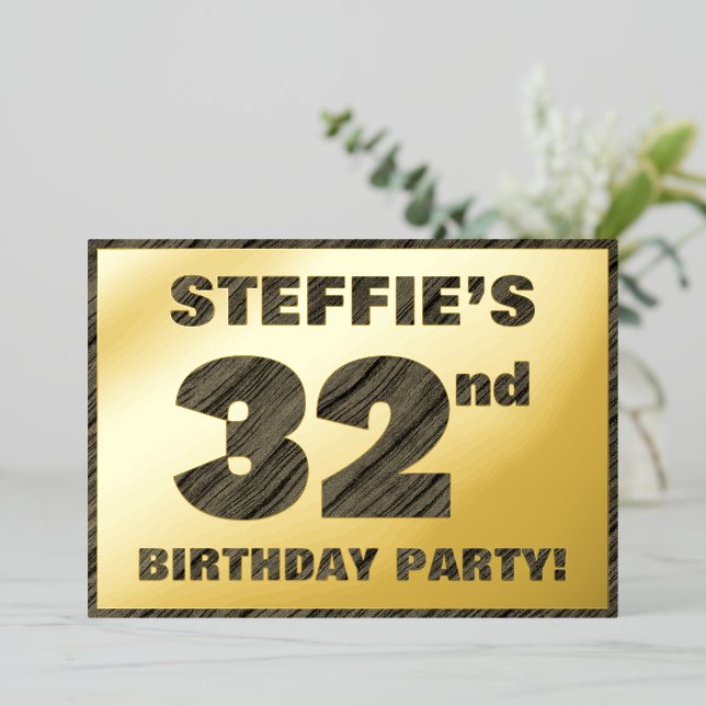 32nd Birthday Party — Bold, Faux Wood Grain Text (Standing Front)