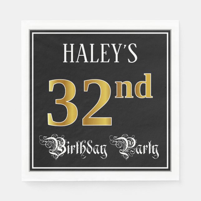 32nd Birthday Party — Fancy Script, Faux Gold Look Napkin (Front)