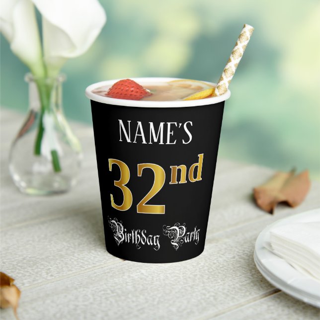 32nd Birthday Party — Fancy Script, Faux Gold Look Paper Cups (Insitu)