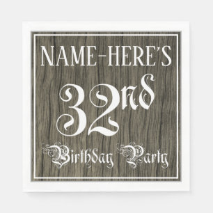 32nd Birthday Party — Fancy Script, Faux Wood Look Napkin