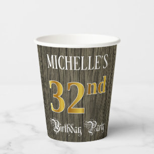 32nd Birthday Party — Faux Gold & Faux Wood Look Paper Cups