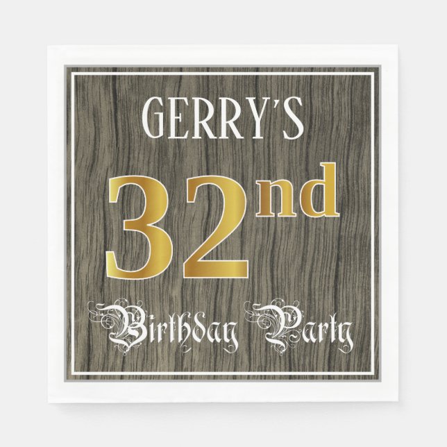 32nd Birthday Party — Faux Gold & Faux Wood Looks Napkin (Front)