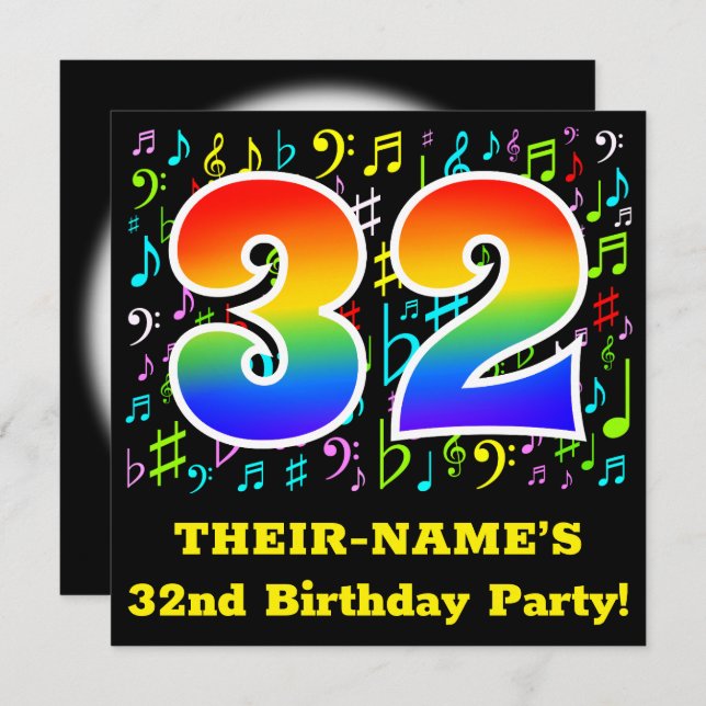 32nd Birthday Party: Fun Music Symbols, Rainbow 32 Invitation (Front/Back)