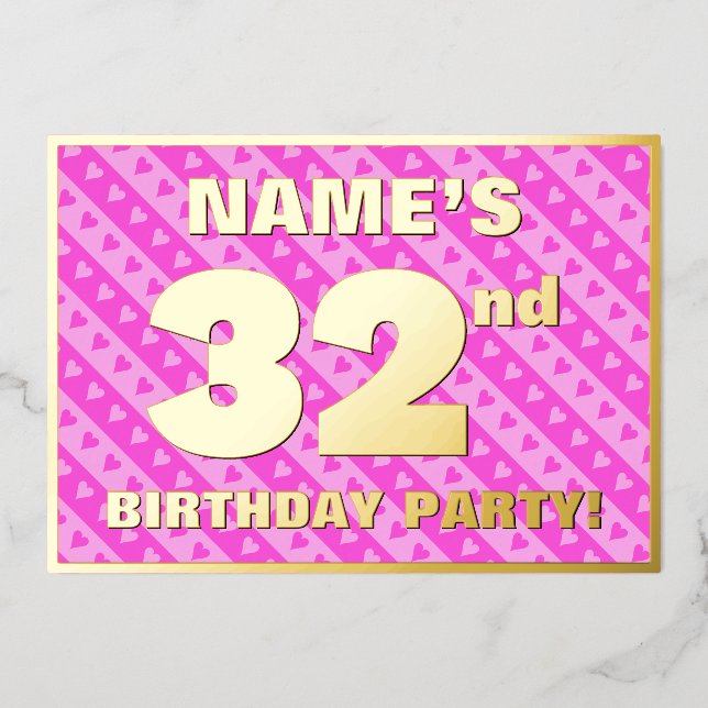 32nd Birthday Party — Fun Pink Hearts and Stripes (Front)