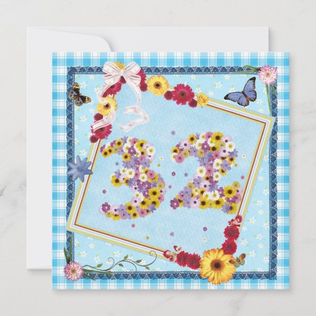32nd Birthday party Invitation flowers,butterflies (Front)
