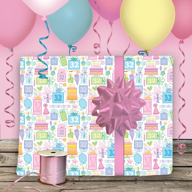 32nd Birthday Pastel Pink Cake Presents Balloons  Wrapping Paper Sheet (Creator Uploaded)